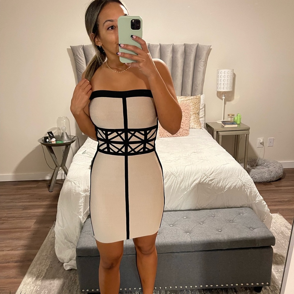 Strapless tan Bebe formal dress with black detail